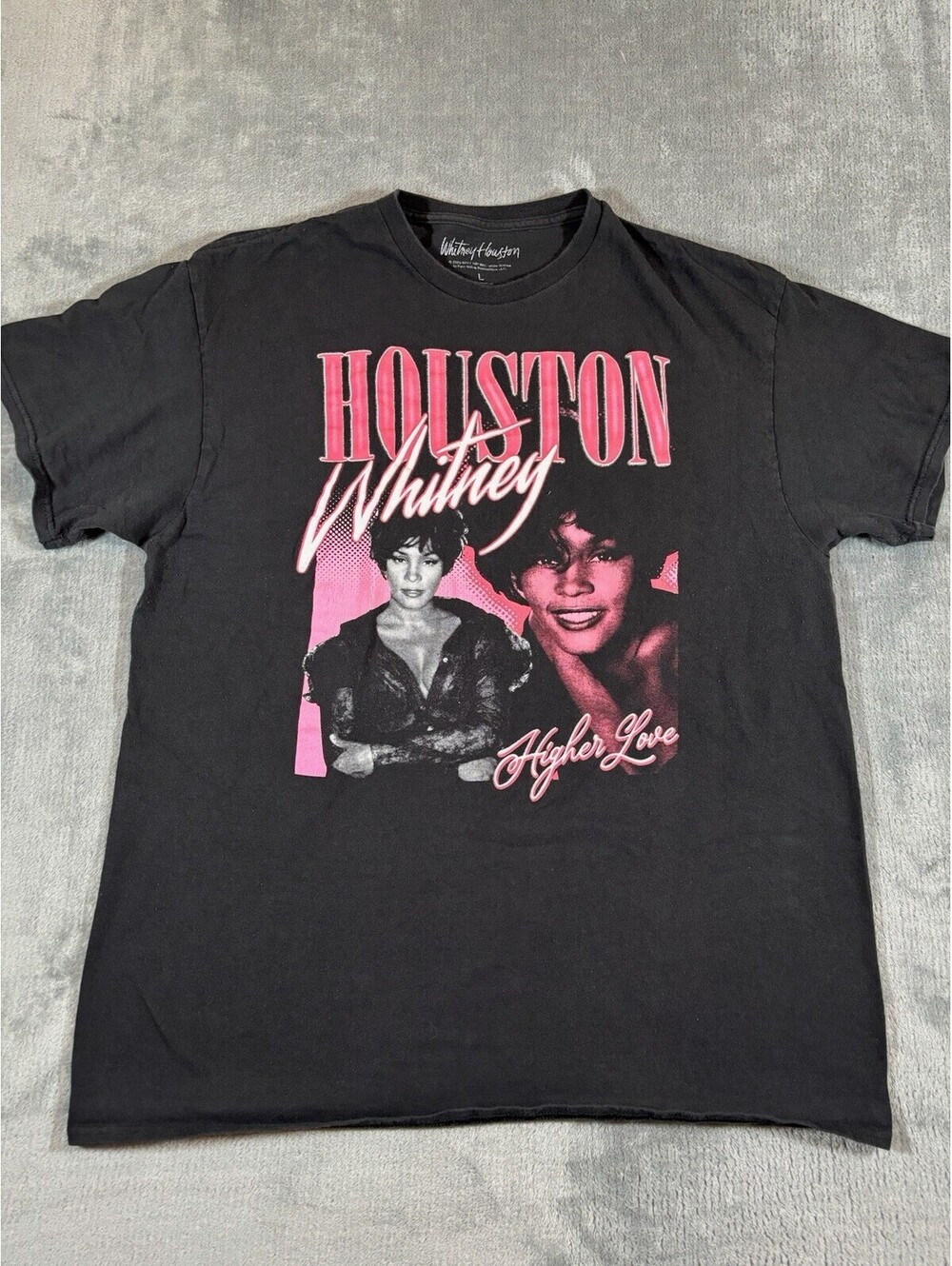 Whitney Houston Graphic Tee "HIGHER LOVE" Size Large Black T Shirt Cotton